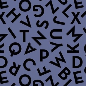 Tossed alphabet ABC - minimalist text mid-century retro font typography back to school design black on periwinkle blue 