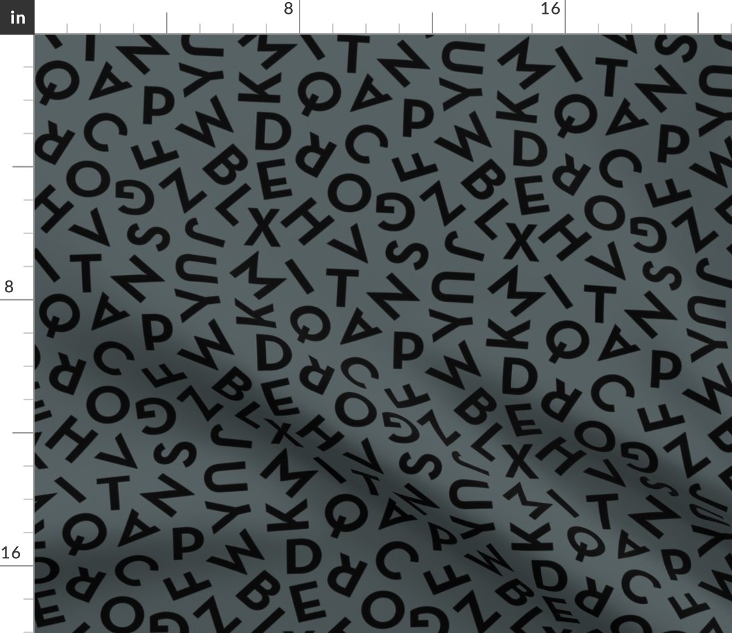 Tossed alphabet ABC - minimalist text mid-century retro font typography back to school design black on cool gray 