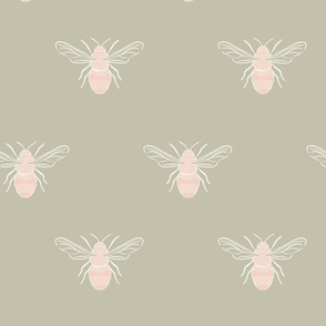 Large hand drawn bumble bee in sage, pink and white