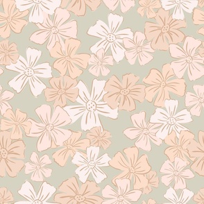Large Hand drawn scattered floral in sage, peach, pink and cream