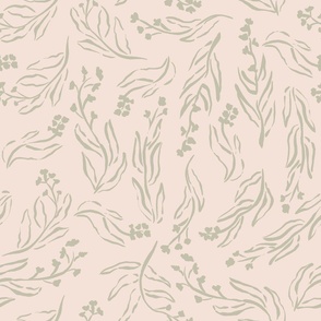 Large hand drawn floral sketch in muted rose pink and sage green