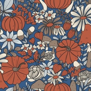 Christine pumpkins and toadstools autumnal floral blue