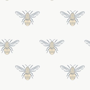 Large hand drawn bumble bee in gold, cream and navy