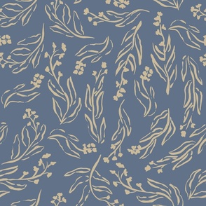 Large hand drawn floral sketch in navy blue and golden yellow