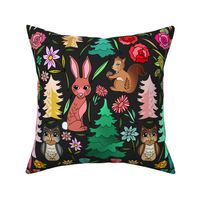 Kitschy Retro Vintage Forest Friends (large scale dark background) 