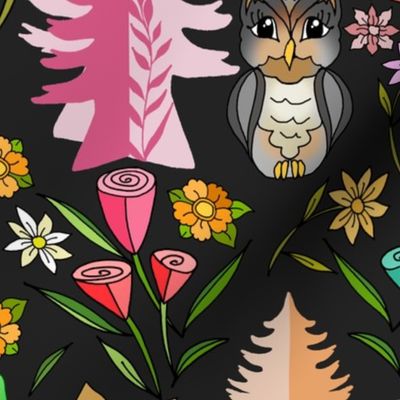 Kitschy Retro Vintage Forest Friends (large scale dark background) 