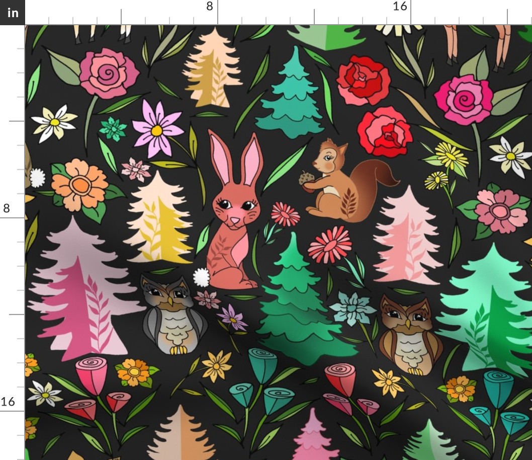 Kitschy Retro Vintage Forest Friends (large scale dark background) 