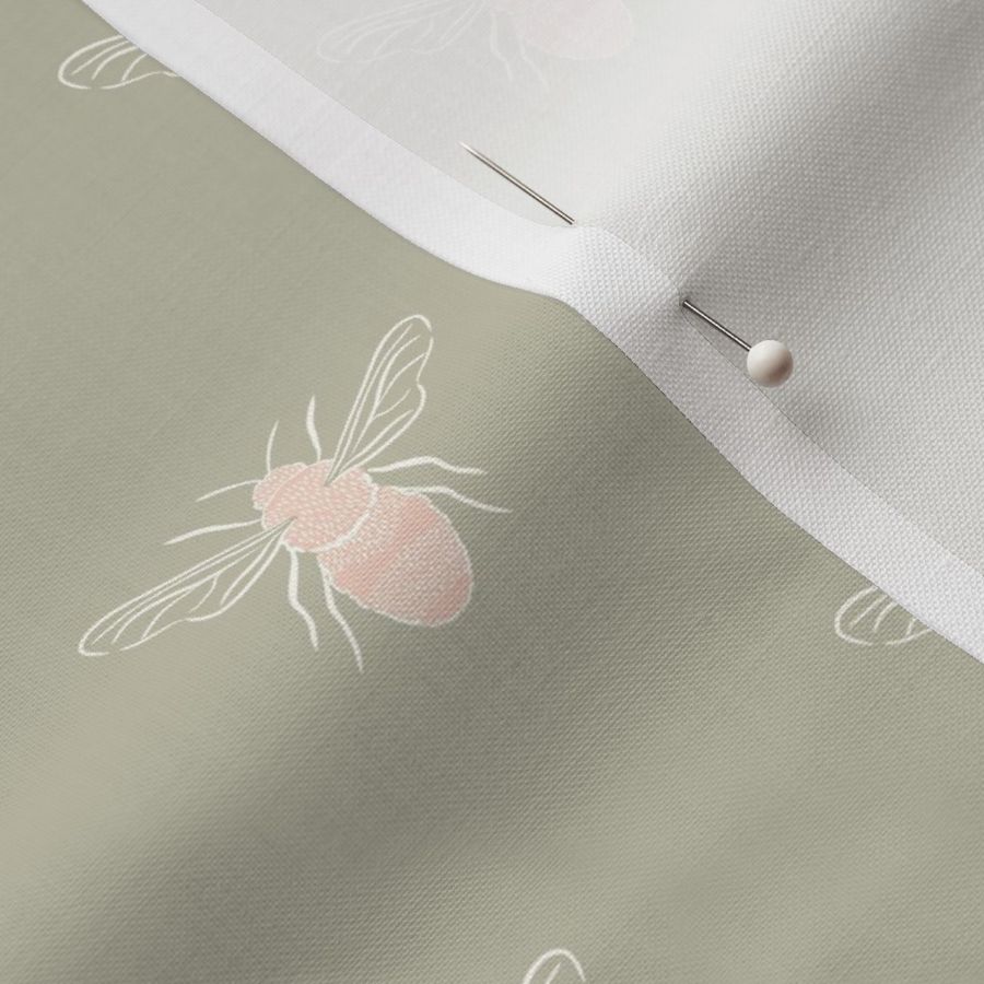 Small hand drawn bumble bee in sage, pink and white