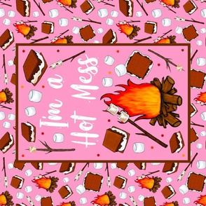 Large 27x18 Fat Quarter Panel I'm a Hot Mess Campfire S'mores on Pink for Wall Hanging or Tea Towel