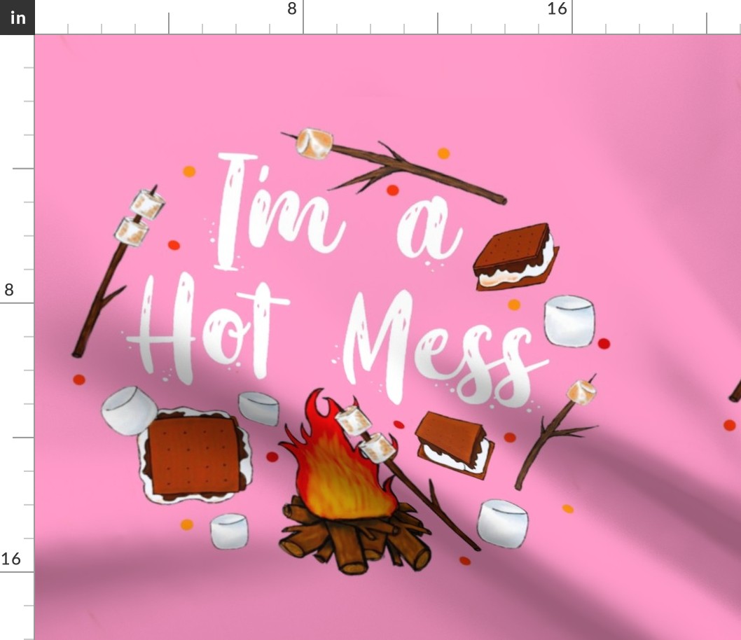 18x18 Panel I'm a Hot Mess Campfire S'mores on Pink for DIY Throw Pillow Cushion Cover or Tote Bag