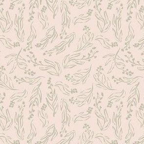 Small hand drawn floral sketch in muted rose pink and sage green