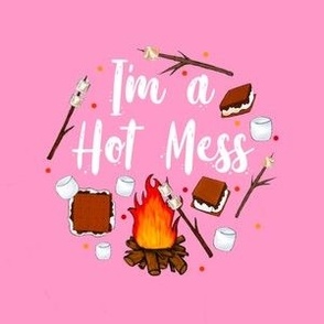 4" Circle Panel I'm a Hot Mess Campfire S'mores on Pink for Embroidery Hoop Projects Quilt Squares Iron On Patches