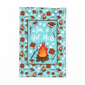 Large 27x18 Fat Quarter Panel I'm a Hot Mess Funny Campfire S'mores on Pool Blue for Wall Hanging or Tea Towel