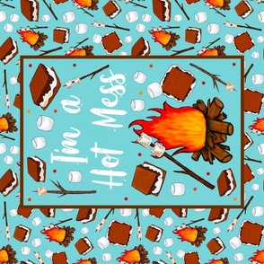 Large 27x18 Fat Quarter Panel I'm a Hot Mess Funny Campfire S'mores on Pool Blue for Wall Hanging or Tea Towel