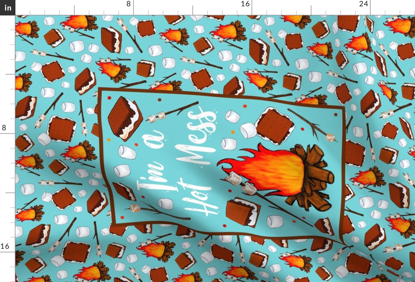 Large 27x18 Fat Quarter Panel I'm a Hot Mess Funny Campfire S'mores on Pool Blue for Wall Hanging or Tea Towel