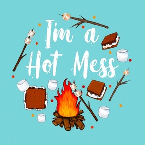18x18 Panel I'm a Hot Mess Funny Campfire S'mores on Pool Blue for DIY Throw Pillow Cushion Cover or Tote Bag