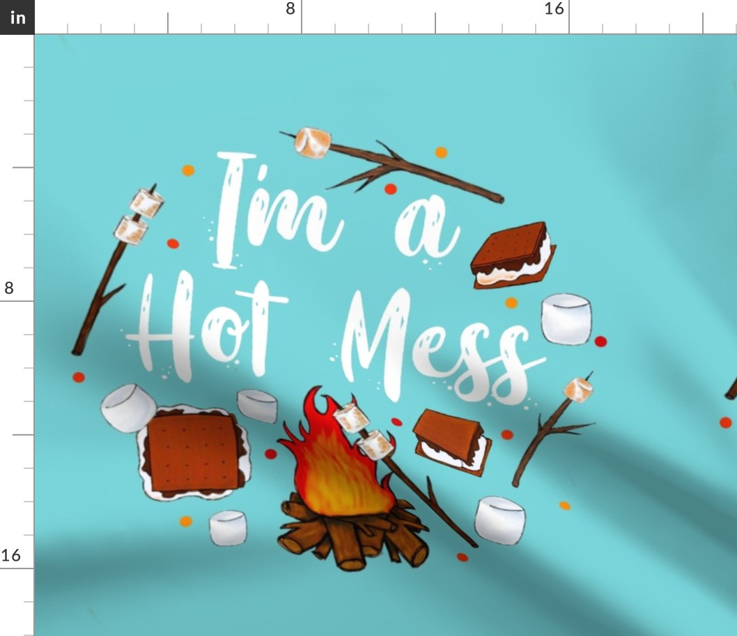 18x18 Panel I'm a Hot Mess Funny Campfire S'mores on Pool Blue for DIY Throw Pillow Cushion Cover or Tote Bag