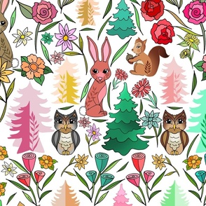 Kitschy Retro Vintage Forest Friends (large scale white background)  