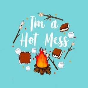 4" Circle Panel I'm a Hot Mess Funny Campfire S'mores on Pool Blue for Embroidery Hoop Projects Quilt Squares Iron on Patches