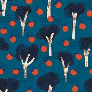 Autumn Apple trees (fabric 12" - wallpaper 24") - A textural stylized mid-century modern design featuring apple trees in the fall.