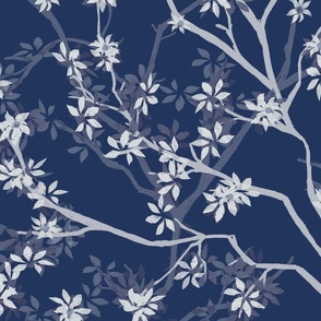 silver blue winding branches with leaves in shades of blue - large scale