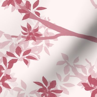 pink winding branches with leaves on a light pink background - large scale