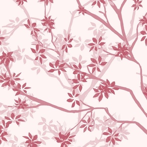 pink winding branches with leaves on a light pink background - large scale