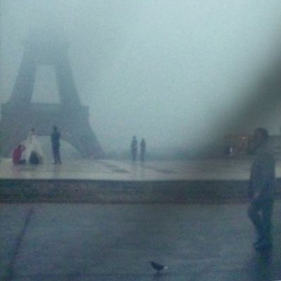 Newly Weds in front of Fogged-in Eiffel Tower - 2