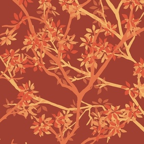 autumn colored winding branches with leaves on a rosty background - large scale