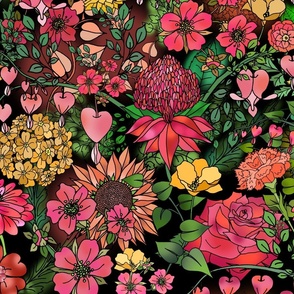 Bleeding Hearts and Blooms (Black large scale)