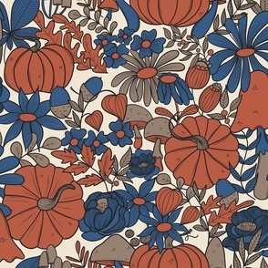 Christine pumpkins toadstools autumnal floral blue orange