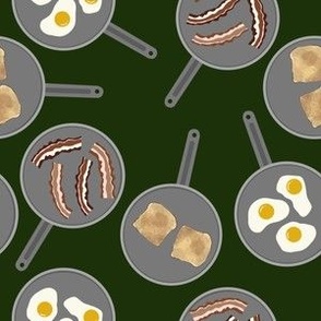 Camping Skillets Bacon and Eggs on Pine Green