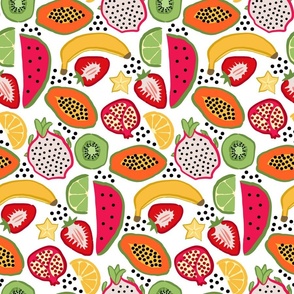 Rotated for Tea Towels Bright Colorful Tossed Tropical Fruit Hand Drawn Medium