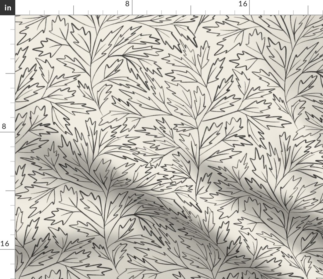 branches with leaves - creamy white _ raisin black - hand drawn foliage