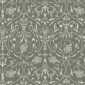 damask 02 - creamy white _ limed ash green - traditional wallpaper