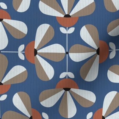 Mid modern geometric flowers with corduroy texture in blue, grey and brown Medium scale