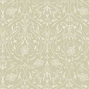 damask 02 - creamy white _ thistle green - traditional wallpaper