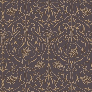 damask 02 - lion gold mustard_ purple brown - traditional wallpaper