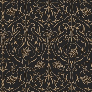 damask 02 - lion gold mustard_ raisin black - traditional wallpaper