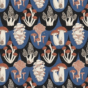 Woodland Mushrooms with Lady Bugs and Snails - Warm Neutrals on Blue and Black Scallops