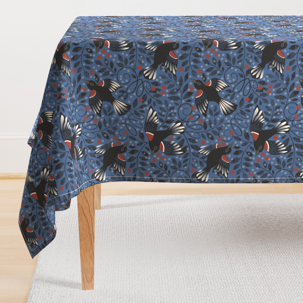 Blackbird Migration Table  Linens - blue background
