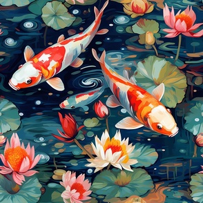 Koi fish drawing illustration painting oriental pond japan Japanese wall  art home decor colorful water lily
