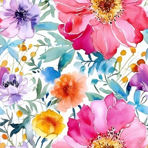 Summer Floral Watercolor Bright Bold Flowers / Pink Pinks Purple Orange