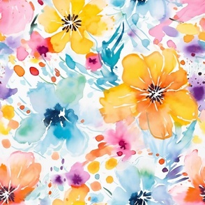 Summer Floral Watercolor Bright Bold Flowers / Yellow Blue Pink