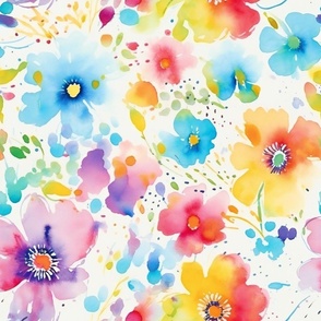 Summer Floral Watercolor Bright Bold Flowers / Orange Yellow Blue