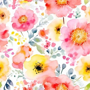 Summer Floral Watercolor Bright Bold Flowers / Cheery Pink Orange