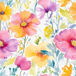 Summer Floral Watercolor Bright Bold Flowers / Pink Yellow Purple