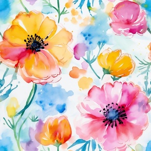 Summer Floral Watercolor Bright Bold Flowers / Yellow Pink Orange Blue