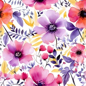 Summer Floral Watercolor Bright Bold Flowers / Purple Pink Orange Yellow