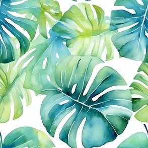 Summer Floral Watercolor Bright Bold Pattern / Colorful Blue Green Monstera Leaf Leaves